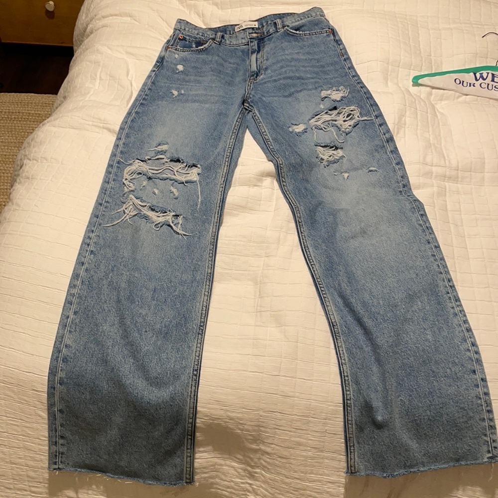 Zara High Waisted Distressed Flare Jeans